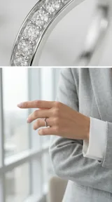 Anillo de acero con diseño en forma de V, engastado con circonias brillantes a lo largo de la banda.