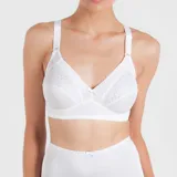 Soutien reductor sin aro blanco, diseñado para mujeres con mastectomía. Confeccionado en jersey, lycra reforzada y puntilla. Bolsillos internos para colocar prótesis confeccionados en algodón 100%.