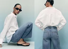 Jeans de tiro alto con diseño wide leg y corte culotte. Presentan un acabado deshilachado en el bajo, cierre frontal con cremallera y botón, y bolsillos laterales y traseros.