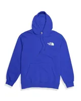 Buzo canguro azul con capucha y cordones ajustables. Logotipo de The North Face estampado en blanco en el pecho.