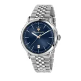 Reloj Maserati Epoca con caja plateada de acero inoxidable de 42mm, esfera azul con el logo de la marca y correa de eslabones plateada.