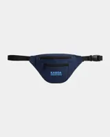 Riñonera de color azul marino con estampado frontal del logo Kaboa Industries en celeste. Cuenta con dos compartimentos con cierre, correa de nylon negra ajustable y hebilla de plástico.