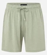 Conjunto de pijama para hombre, compuesto por una remera de manga corta con cuello redondo y un short con cintura elástica y cordón de ajuste. El tejido es de malla flamê con efecto mezcla en tonos beige y marrón.