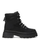 Botas de mujer estilo borceguí en color negro, con sistema de acordonado mediante ganchos metálicos y cuello acolchado. Poseen una suela track de plataforma robusta y están confeccionadas en material sintético.
