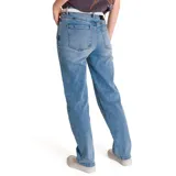 Jeans de corte recto y tiro alto, confeccionados en denim con lavado desgastado. Presentan diseño clásico de cinco bolsillos, cierre con cremallera y detalles de marca en remaches y parches traseros.