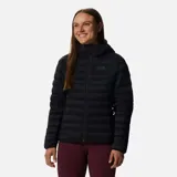 Campera negra con capucha, de pluma de 650 cuins y capa exterior Pertex® Quantum resistente a la intemperie.