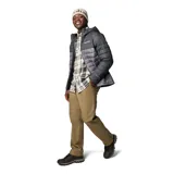 Campera técnica Columbia con tecnología Omni-Heat termorreflectante y aislamiento Thermarator. Presenta un diseño bicolor en tonos gris oscuro y gris medio, con capucha ajustable, cierre frontal completo, bolsillos laterales con cremallera y puños elásticos.