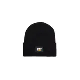 Gorro beanie Caterpillar de punto acanalado color negro, con vuelta y parche frontal de goma con el logo de la marca.