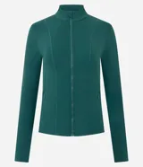 Campera deportiva de microfibra negra de la marca Get Over, con diseño ajustado, cuello alto, mangas largas, cierre frontal y bolsillos funcionales.