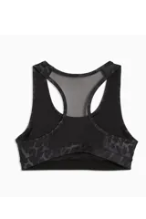 Top deportivo Puma modelo 4 Keeps de color negro, con diseño animal print sutil en tonos oscuros, espalda nadadora de malla y el logo de la marca estampado en blanco en el centro del frente.