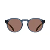 Lentes de sol Indie modelo Honey, con montura redonda de acetato azul y lentes marrones. Patillas de madera. Hechos a mano y sustentables.