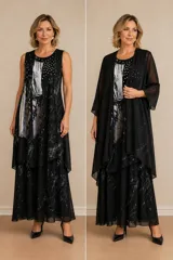 Vestido largo de tul con forro de jersey, presenta un diseño estampado abstracto en tonos blanco y negro con aplicaciones artesanales plateadas. El conjunto incluye una túnica abierta de tul a juego con mangas tres cuartos.