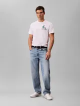 Remera Calvin Klein de manga corta y cuello redondo, color blanco, con diseño de monograma gráfico multicolor en el pecho.