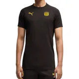 Remera de fútbol Puma del Club Peñarol, modelo Evostripe, de color negro con detalles en amarillo en el logo de la marca y el escudo del club.