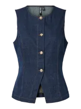 Chaleco de denim azul con escote en V, botones dorados y ribete de cuentas en el cuello.