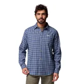 Camisa de franela de manga larga Columbia modelo Cornell Woods, color azul con patrón de cuadros, cierre frontal de botones y un bolsillo en el pecho.