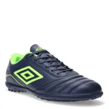 Championes de fútbol Umbro Classico III HG para hombre, color azul marino con detalles en verde neón. Presentan un diseño clásico con capellada sintética acolchada en la zona de impacto y suela con tapones bajos para césped artificial (HG).