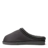 Pantuflas tipo zueco color bordó, con exterior de gamuza sintética y borde superior decorado con costuras trenzadas. Interior forrado en piel sintética al tono y suela de goma plana.