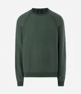 Suéter de punto color verde oscuro con textura, cuello redondo y mangas largas con diseño de corte raglán. Presenta puños y cintura acanalados, con un corte boxy moderno y estructurado.