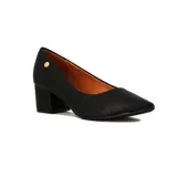 Zapato de tacón cuadrado Vizzano, color negro, con punta fina y detalle de logo dorado en el lateral.