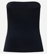 Blusa blanca sin breteles, confeccionada en microfibra, con detalle de encaje en el lateral y corte ajustado.