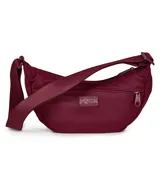 Bolso tipo bandolera Jansport, diseño curvo en color bordó, con correa ajustable y bolsillo frontal con cierre.