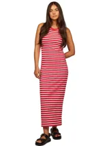 Vestido midi ajustado de viscosa elástica con textura acanalada a rayas horizontales rojas y blancas. Sin mangas, con cuello redondo y espalda deportiva. Logo de Tommy Hilfiger bordado en el bajo.