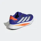 Championes de running Adidas Duramo SL 2, color azul intenso con tres franjas laterales plateadas. Presentan detalles en naranja en el talón y en la mediasuela blanca con tecnología LIGHTMOTION.
