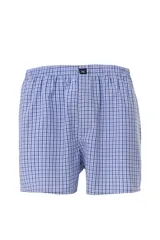 Calzoncillo tipo bóxer de tela a rayas verticales azules y blancas, con cintura elástica y logo de la marca en la parte delantera.