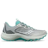 Championes Saucony Aura TR de trail running, color gris con detalles en celeste y suela blanca.