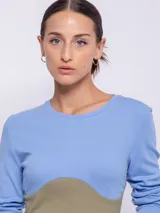 Remera de manga larga con diseño color block en celeste y verde oliva.