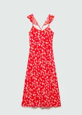 Vestido largo de viscosa con estampado floral en tonos rojos y rosados, escote redondo y tirantes finos con volados en los hombros.