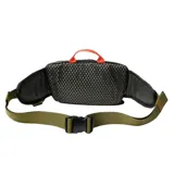 Riñonera negra con detalles en naranja y verde. Tiene un bolsillo interno para lentes de sol y un bolsillo desplegable para botella de agua.