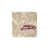 Pañuelo bandana de diseño cuadrado en tonos beige y marrones claros, con estampado abstracto y el logotipo de la marca "eme studios" impreso en el centro en color bordó.