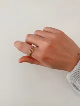 Anillo de acero quirúrgico dorado con diseño de hebilla central y banda ajustable.
