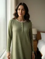 Camisón de manga larga en color verde, confeccionado en tejido de lanilla suave. Presenta un diseño de corte recto y holgado, con cuello redondo y detalle de botones en la parte superior delantera.