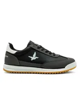 Championes deportivos Santa Barbara modelo Roam, de color blanco con detalles en gris claro y suela de goma marrón. Presentan el logotipo de la marca con la silueta de un ave en color negro en el lateral y cordones grises.
