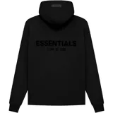Buzo hoodie negro de algodón y poliéster, con capucha, bolsillo tipo canguro y logo 'ESSENTIALS FEAR OF GOD' estampado en la espalda.