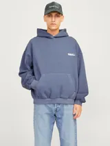Canguro azul con capucha, manga larga, fit oversize y logo pequeño estampado en el pecho.
