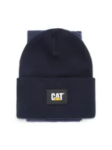 Gorro beanie azul marino de punto acanalado con vuelta y parche frontal de goma con el logotipo de Caterpillar.