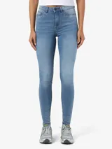 Jean skinny de tiro alto en denim elástico y diseño clásico de cinco bolsillos.