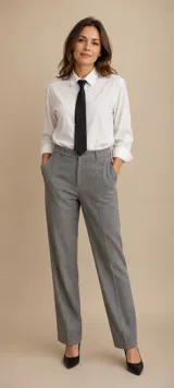 Pantalón de vestir de corte recto y tiro alto, en color gris jaspeado. Presenta cierre frontal con botón oculto, trabillas para cinturón y bolsillos laterales.