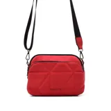 Bandolera roja con correa larga negra regulable, cierre superior con doble cremallera y logo Korium en el frente.