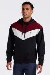 Hoodie de corte regular con diseño de bloques de color en azul marino, blanco y bordó. Presenta capucha con cordones ajustables, bolsillo tipo canguro frontal y logo bordado de Original Penguin en el pecho.