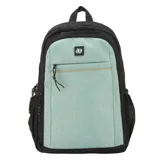 Mochila urbana de diseño combinado en color negro y verde agua, confeccionada en lona jaspeada. Cuenta con un compartimento principal con espacio para notebook, un bolsillo frontal con cierre y bolsillos laterales de red. Incluye correas acolchadas ajustables.