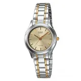 Reloj analógico Casio para mujer, con caja plateada de 28mm y pulsera de acero inoxidable combinada en plateado y dorado. Esfera dorada con agujas e indicadores dorados.