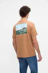 Remera de manga corta en color tostado, confeccionada en jersey de algodón con textura suave, de calce clásico, con un diseño gráfico estampado en la espalda que muestra un paisaje de montaña.
