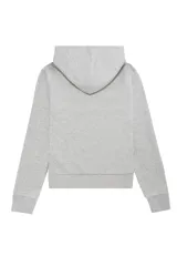Campera con capucha y cierre frontal de cremallera, confeccionada en tejido gris melange con bolsillos estilo canguro y puños y bajo de canalé.
