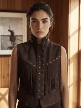 Chaleco de gamuza color marrón chocolate, sin mangas, con cuello mao, detalles de tachas metálicas en el cuello y la solapa frontal, y flecos delanteros de estilo western. Cuenta con cierre frontal de broches a presión.