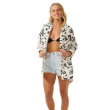 Camisa blanca con estampado abstracto en negro, de corte recto y mangas largas.